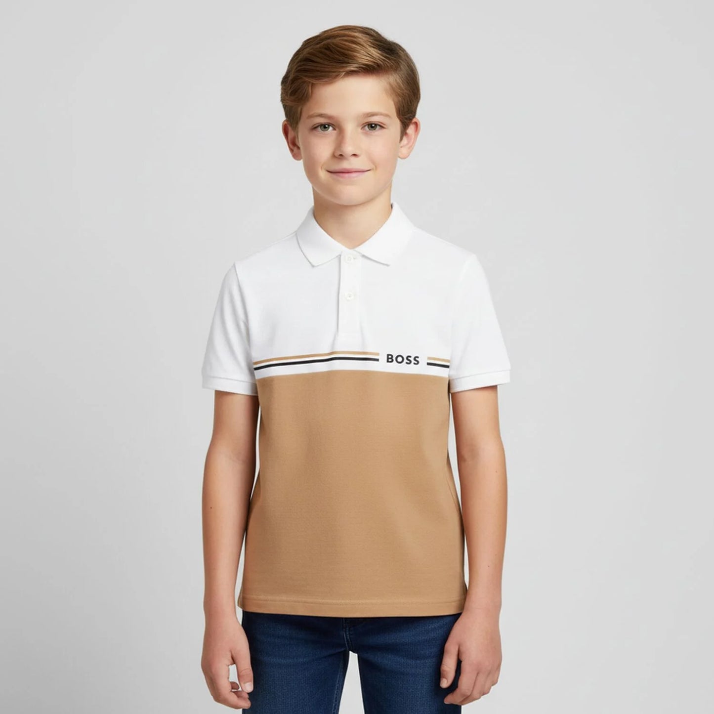 BOSS Boys White & Beige Logo Polo Shirt
