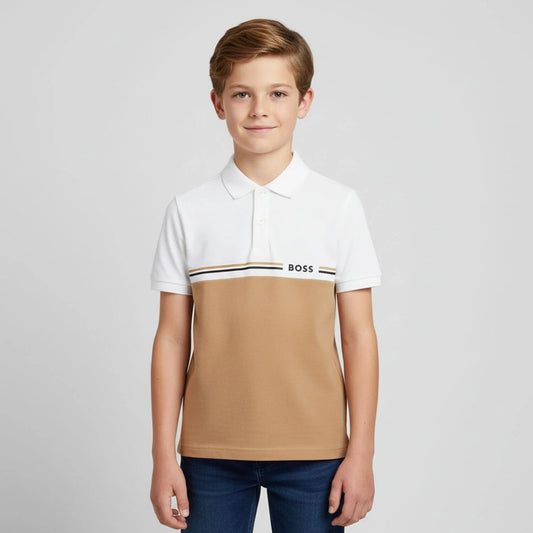 BOSS Boys White & Beige Logo Polo Shirt