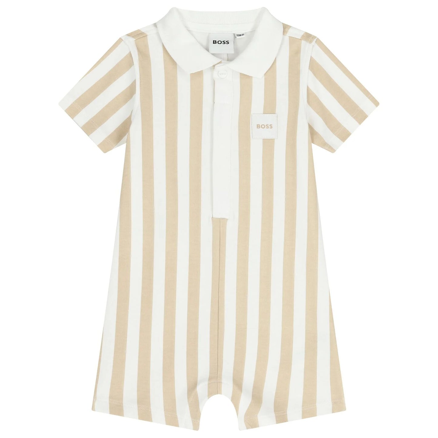 BOSS Baby Boys Beige & White Striped Logo Romper