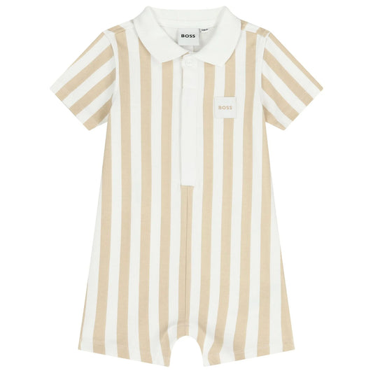 BOSS Baby Boys Beige & White Striped Logo Romper
