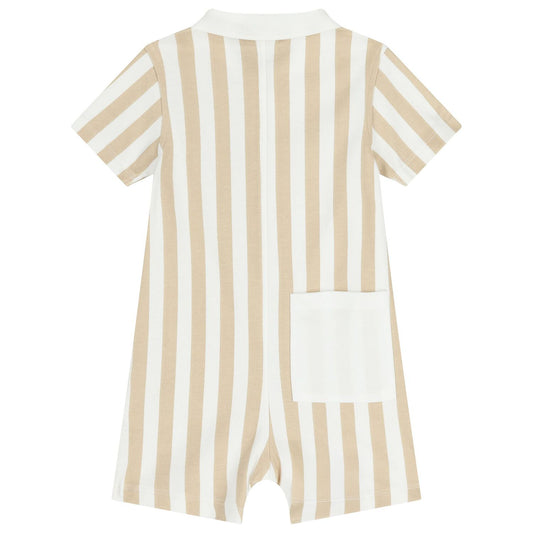 BOSS Baby Boys Beige & White Striped Logo Romper