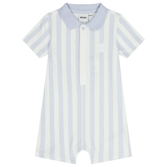 BOSS Baby Boys Baby Blue & White Striped Logo Romper