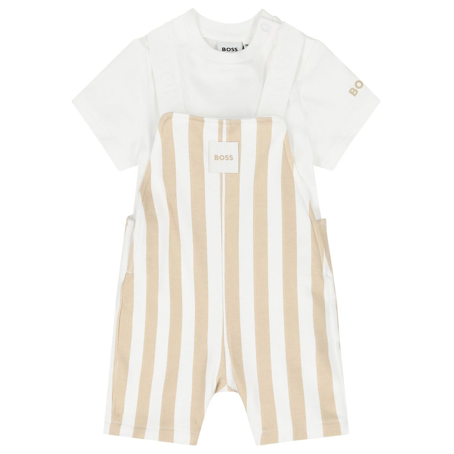 BOSS Baby Boys White & Beige Striped Logo Dungaree Set