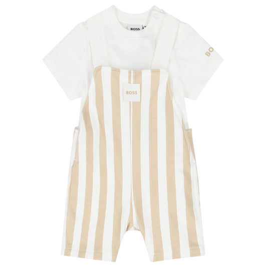 BOSS Baby Boys White & Beige Striped Logo Dungaree Set