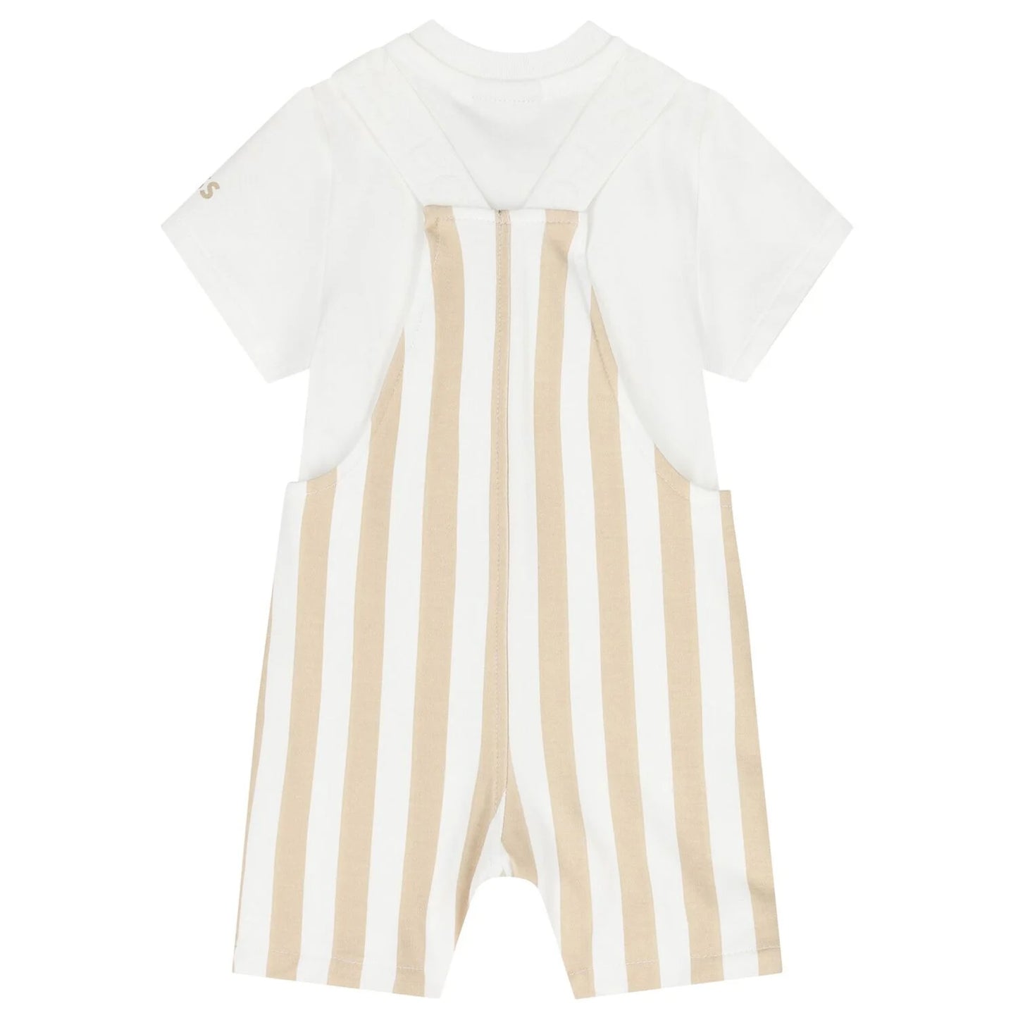 BOSS Baby Boys White & Beige Striped Logo Dungaree Set