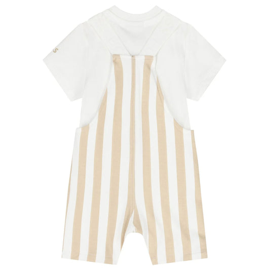 BOSS Baby Boys White & Beige Striped Logo Dungaree Set