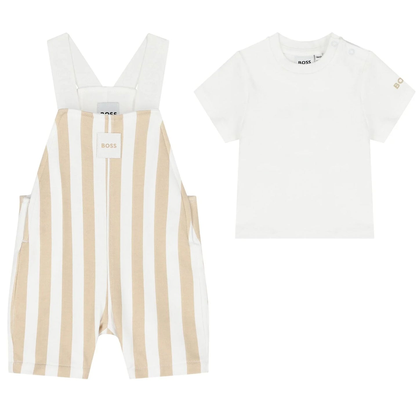 BOSS Baby Boys White & Beige Striped Logo Dungaree Set
