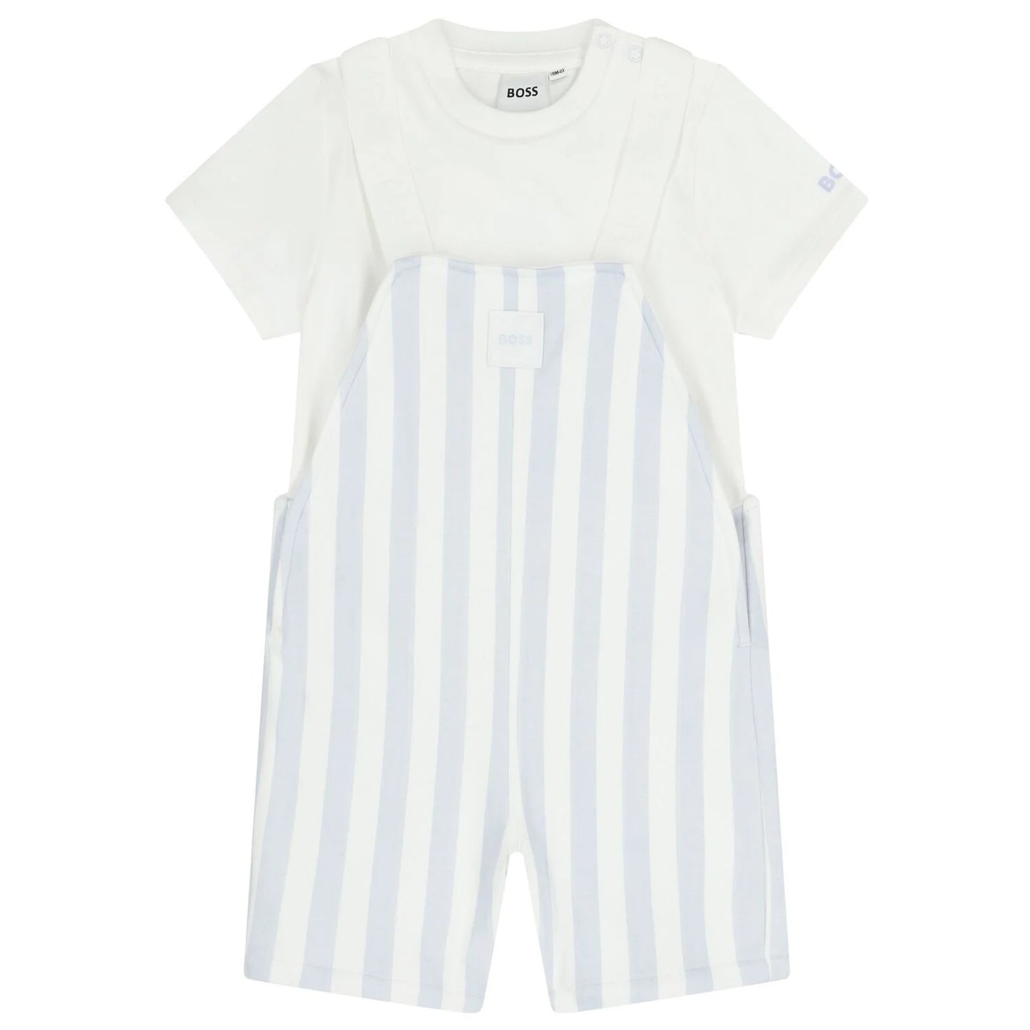 BOSS Baby Boys White & Baby Blue Striped Logo Dungaree Set