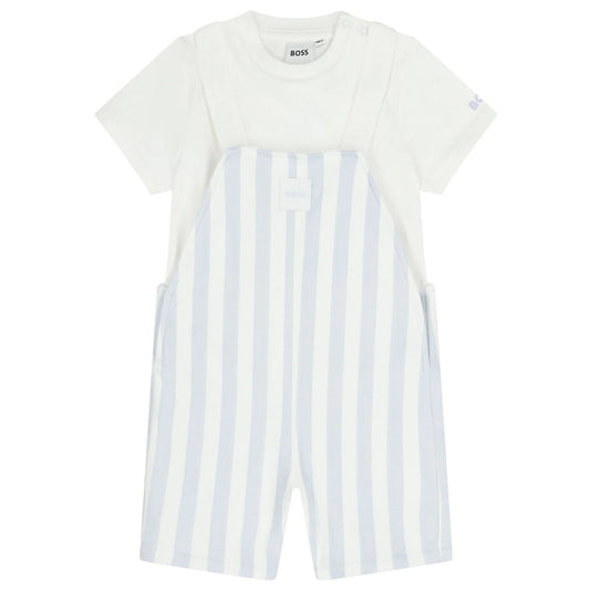 BOSS Baby Boys White & Baby Blue Striped Logo Dungaree Set