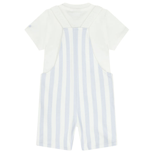 BOSS Baby Boys White & Baby Blue Striped Logo Dungaree Set