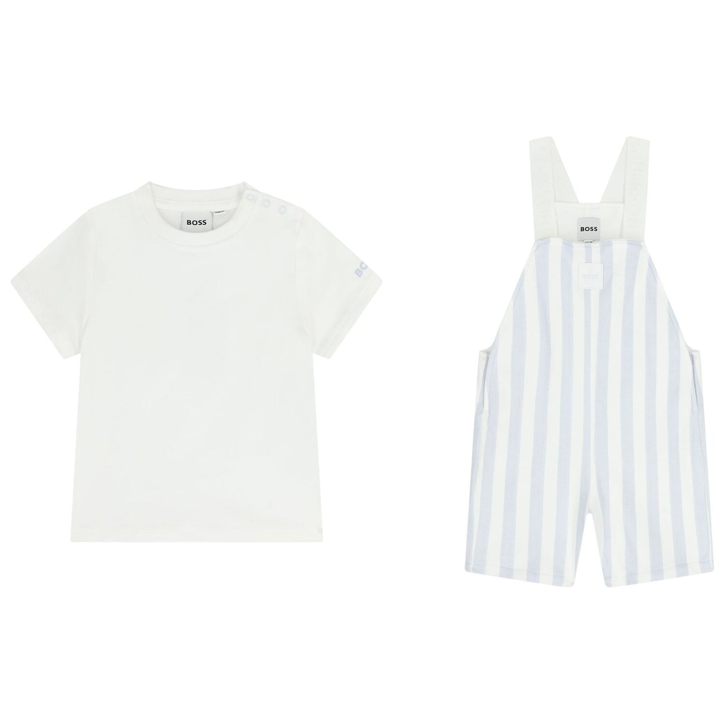 BOSS Baby Boys White & Baby Blue Striped Logo Dungaree Set