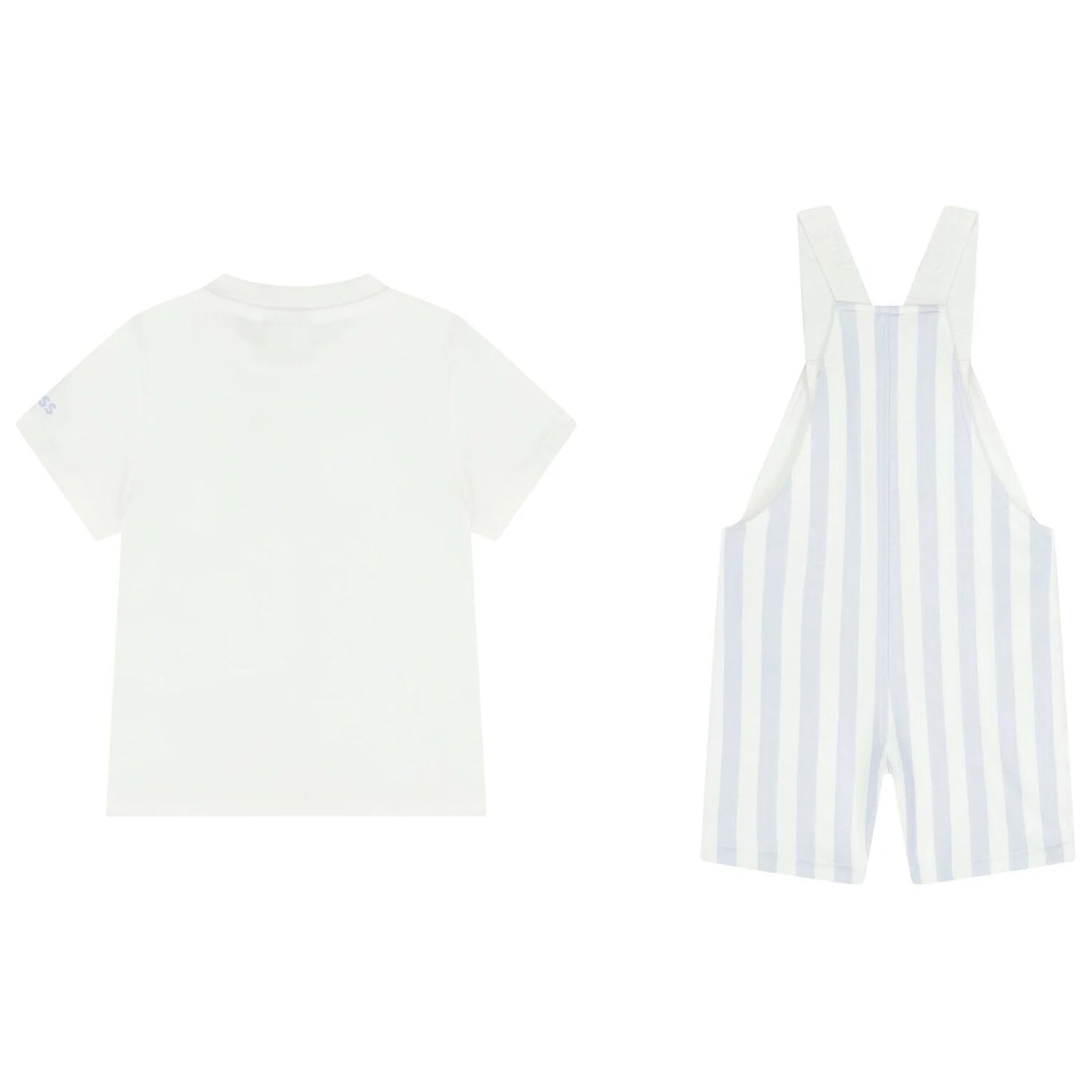 BOSS Baby Boys White & Baby Blue Striped Logo Dungaree Set