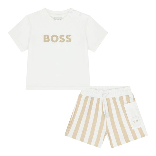 BOSS Baby Boys White & Beige Logo Shorts Set