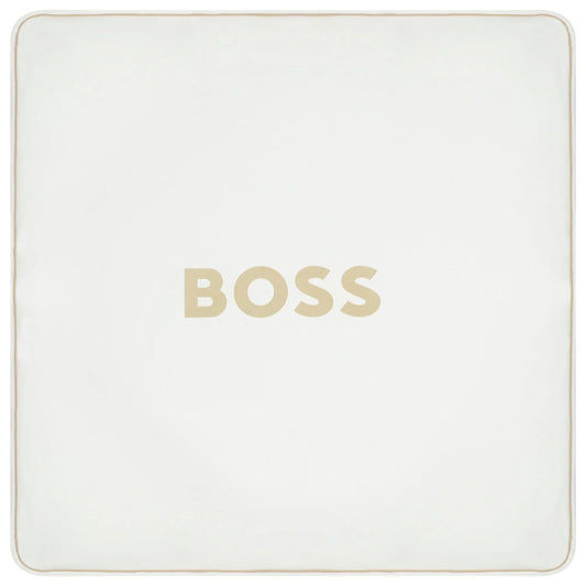 BOSS White & Beige Striped Logo Baby Blanket