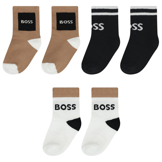 BOSS Baby Boys White, Black & Beige Logo Socks ( 3-Pack )