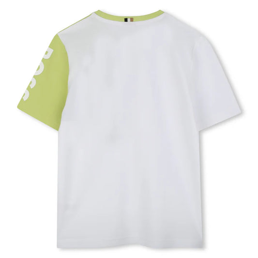 BOSS Boys White Shirt Lime Sleeve Asymmetric T-Shirt