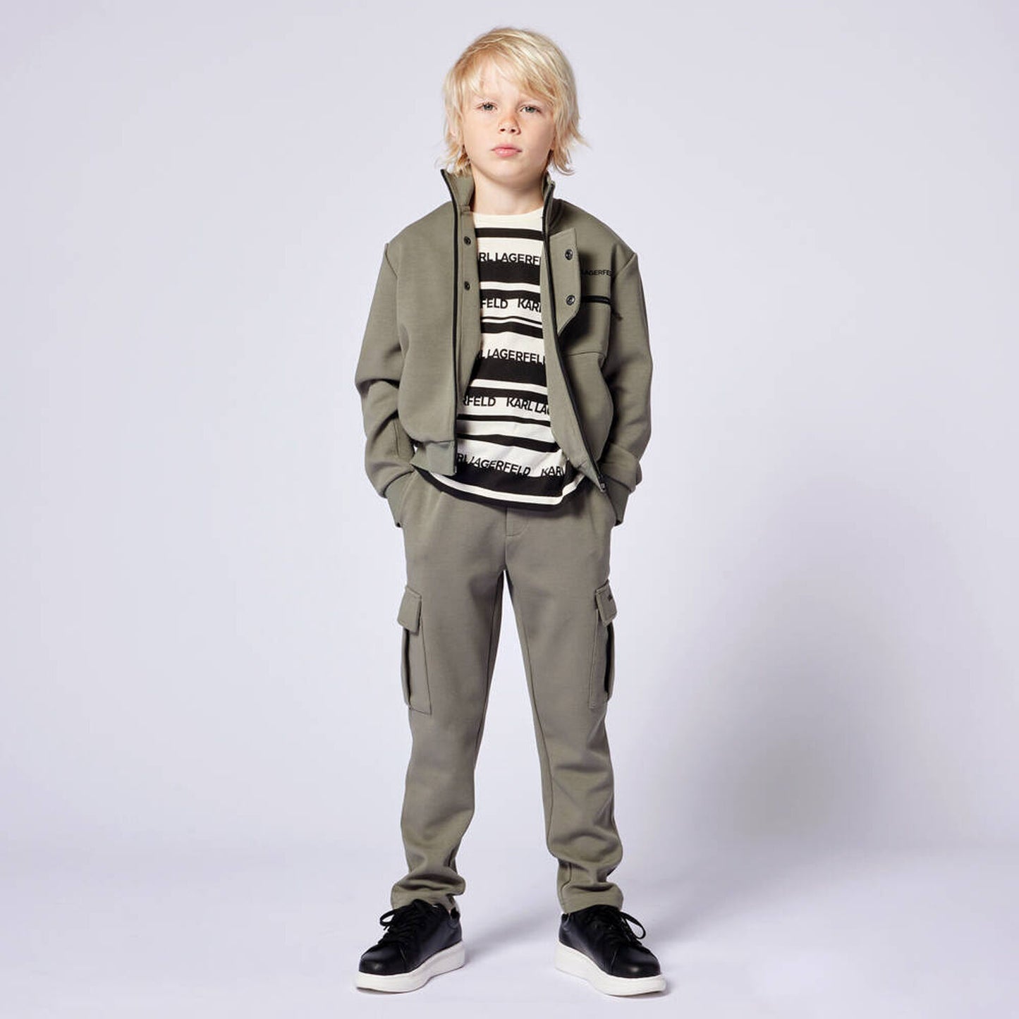 KARL LAGERFELD Boys Ivory & Black Striped Logo T-Shirt
