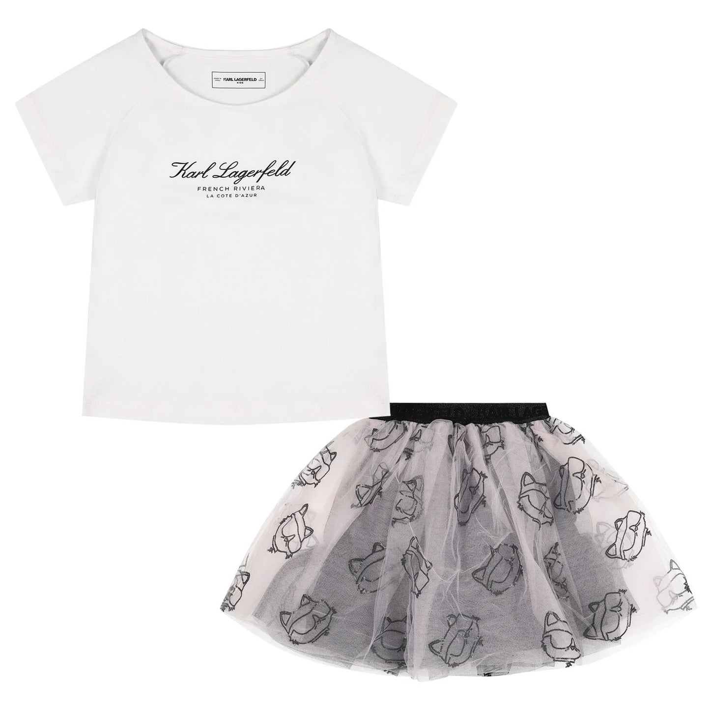 KARL LAGERFELD Girls White & Pink Tulle Choupette Skirt Set