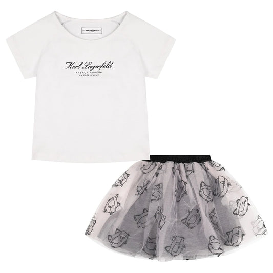 KARL LAGERFELD Girls White & Pink Tulle Choupette Skirt Set