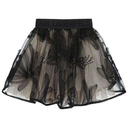 KARL LAGERFELD Girls Black & Beige Floral Tulle Skirt