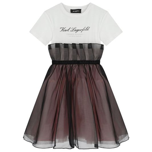 KARL LAGERFELD Girls White & Black Organza Dress