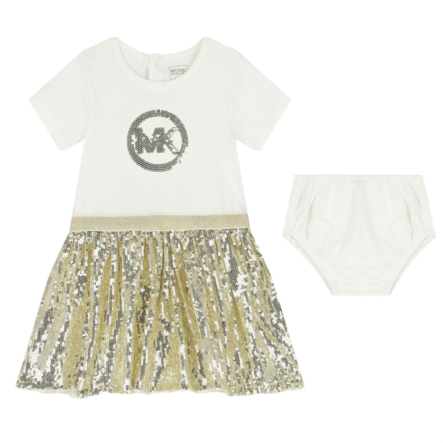 MICHAEL KORS Girls White/Gold Short Sleeved Logo Dress + Panty