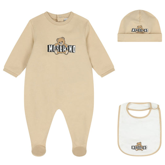 MOSCHINO Beige Teddy Bear Logo Babygrow Gift Set
