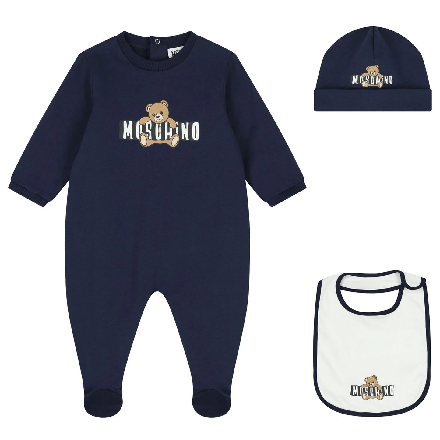 MOSCHINO Navy Blue Teddy Bear Logo Babygrow Gift Set