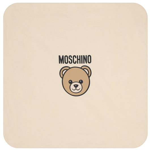 MOSCHINO Beige Teddy Bear Logo Baby Blanket