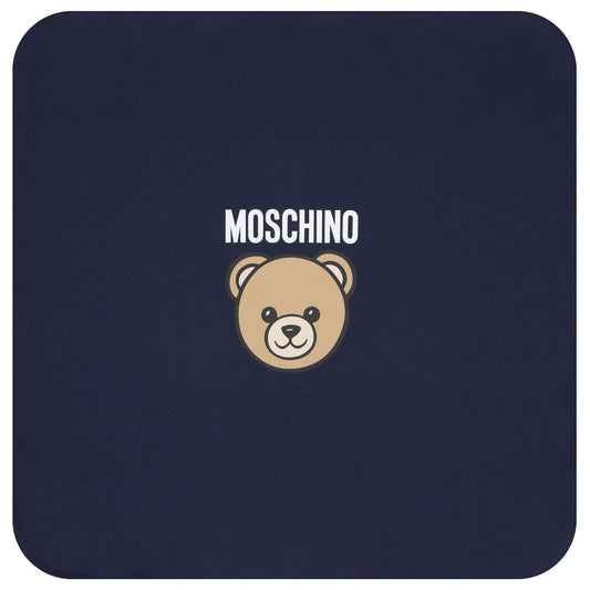 MOSCHINO Navy Blue Teddy Bear Logo Baby Blanket