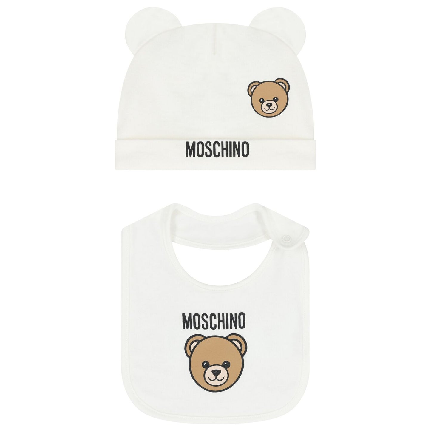 MOSCHINO White Teddy Bear Logo Hat & Bib Baby Gift Set