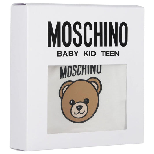 MOSCHINO White Teddy Bear Logo Hat & Bib Baby Gift Set