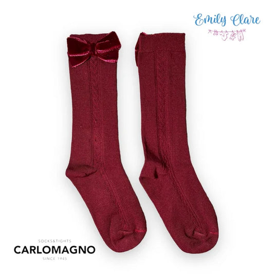 CARLOMAGNO Maroon Velvet Bow Knee High Socks