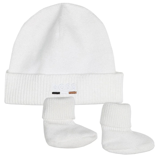 BOSS  Baby Boys White Knit Hat & Slipper Set