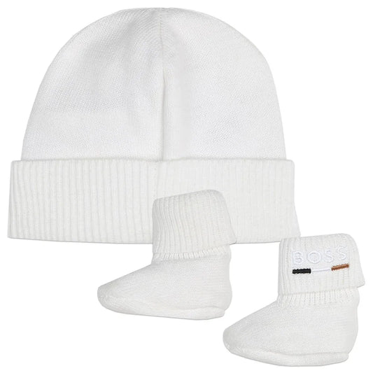 BOSS  Baby Boys White Knit Hat & Slipper Set