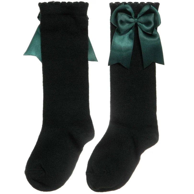 CARLOMAGNO Girls UKG2 Bottle Green Ribbon Bow Socks