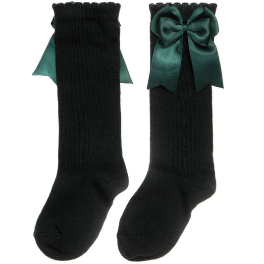 CARLOMAGNO Girls UKG2 Bottle Green Ribbon Bow Socks