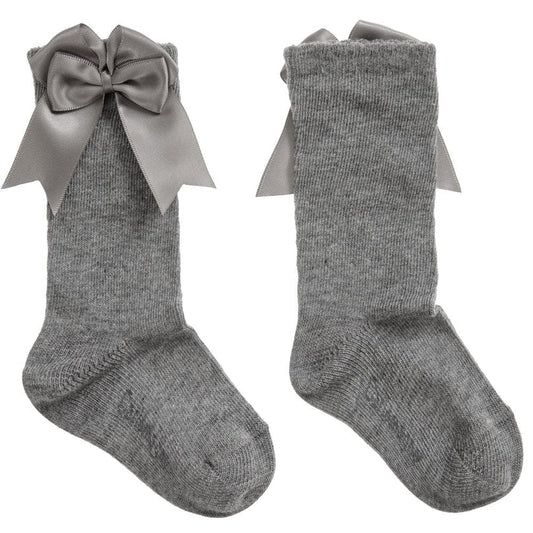 CARLOMAGNO Girls UKG2 Light Grey Ribbon Bow Socks