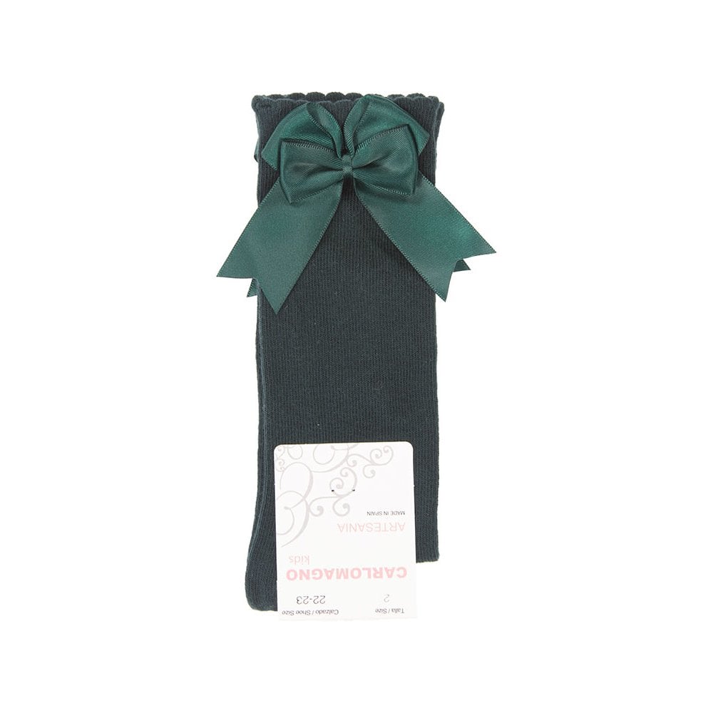 CARLOMAGNO Girls UKG2 Bottle Green Ribbon Bow Socks