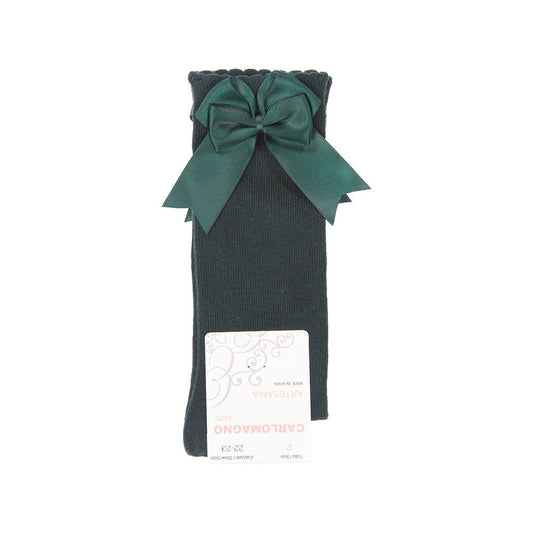 CARLOMAGNO Girls UKG2 Bottle Green Ribbon Bow Socks