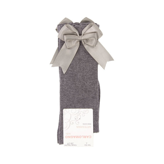 CARLOMAGNO Girls UKG2 Light Grey Ribbon Bow Socks